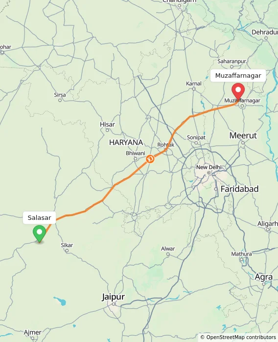 Route map showing distance and travel time from Salasar, India to Muzaffarnagar, India