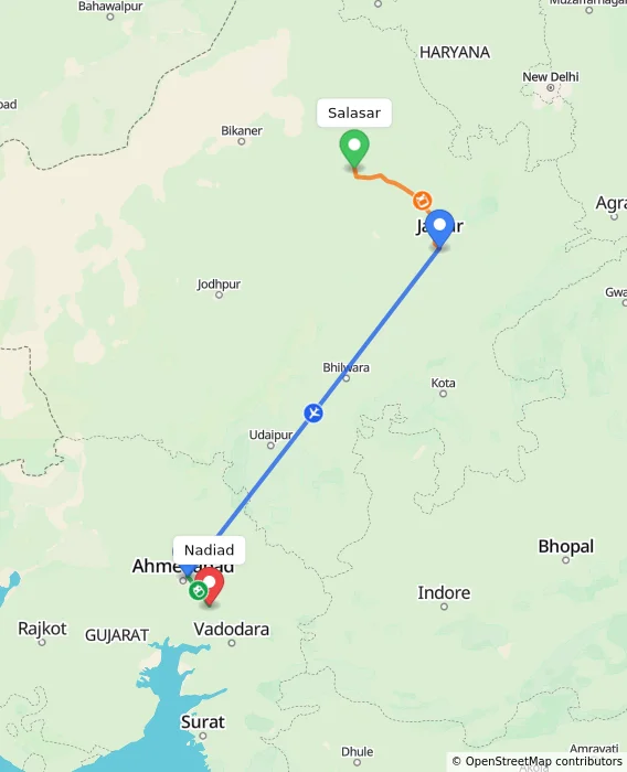Route map showing distance and travel time from Salasar, India to Nadiad, India