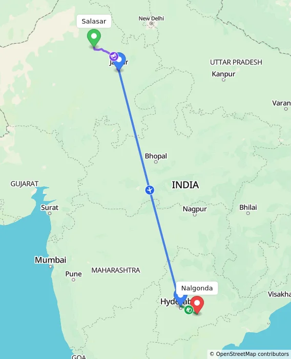 Route map showing distance and travel time from Salasar, India to Nalgonda, India