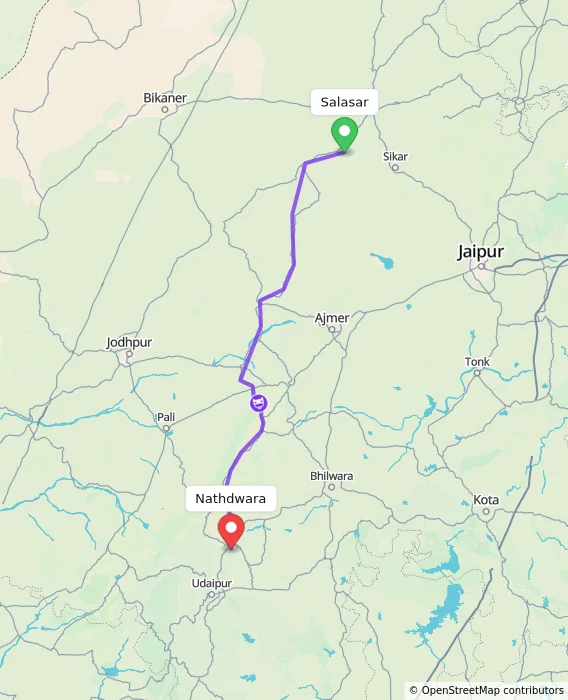 Route map showing distance and travel time from Salasar, India to Nathdwara, India