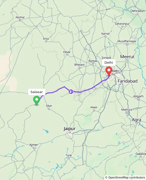 Route map showing distance and travel time from Salasar, India to Delhi, India