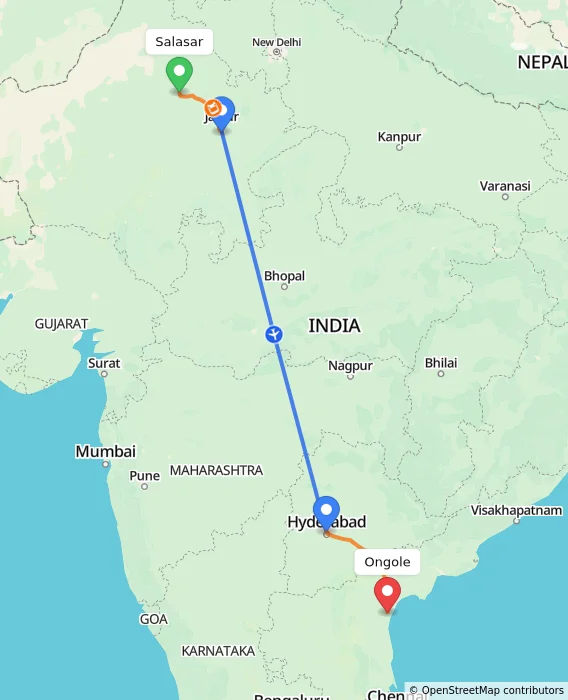 Route map showing distance and travel time from Salasar, India to Ongole, India