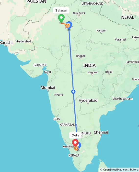 Route map showing distance and travel time from Salasar, India to Ooty, India