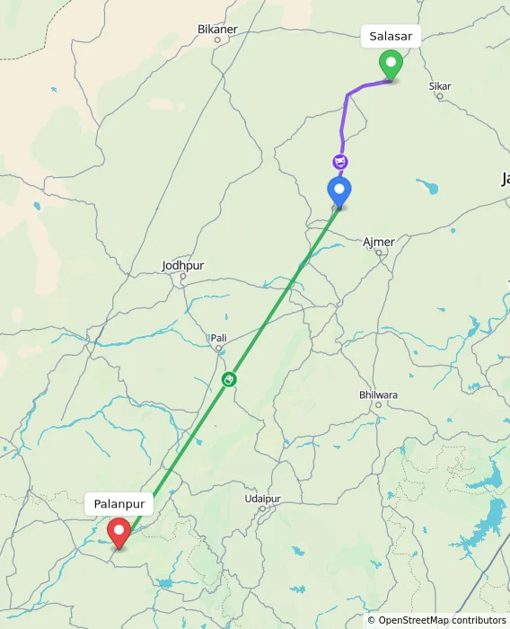 Route map showing distance and travel time from Salasar, India to Palanpur, India