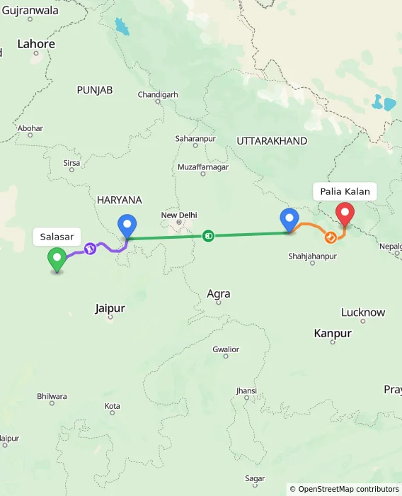 Route map showing distance and travel time from Salasar, India to Palia Kalan, India