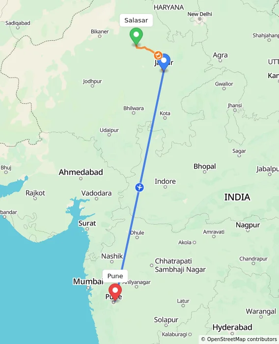 Route map showing distance and travel time from Salasar, India to Pune, India