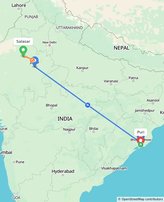 Route map showing distance and travel time from Salasar, India to Puri, India