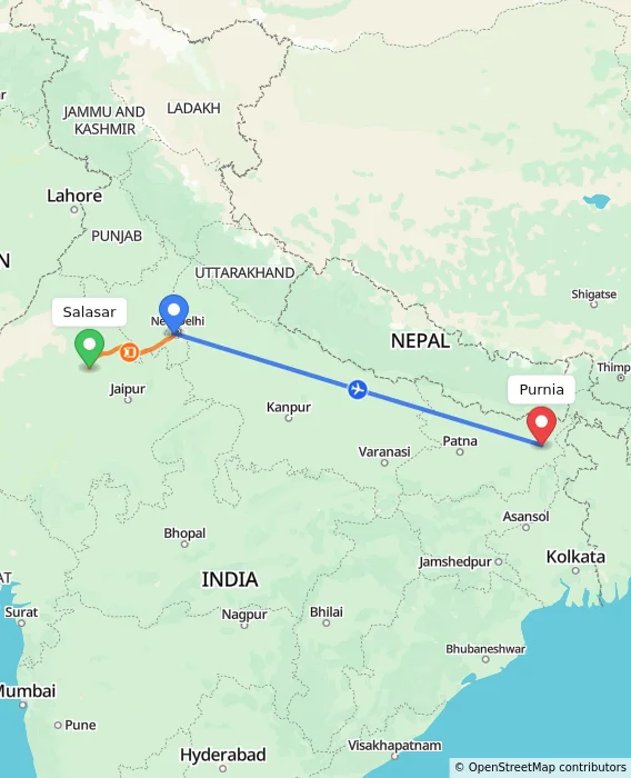 Route map showing distance and travel time from Salasar, India to Purnia, India