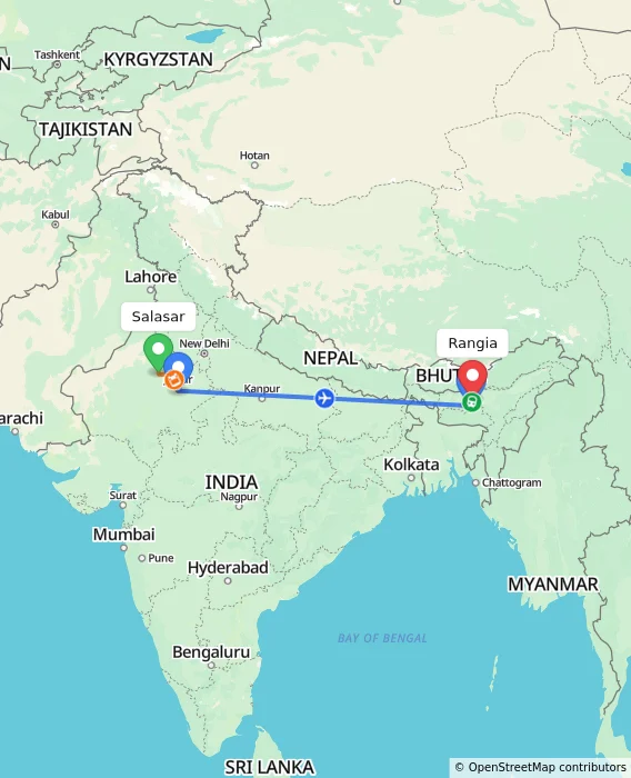 Route map showing distance and travel time from Salasar, India to Rangia, India