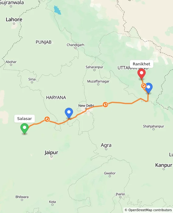 Route map showing distance and travel time from Salasar, India to Ranikhet, India