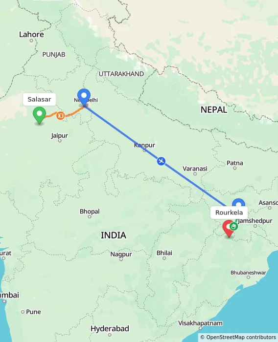 Route map showing distance and travel time from Salasar, India to Rourkela, India