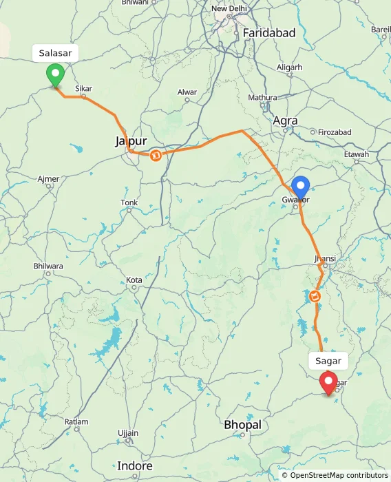 Route map showing distance and travel time from Salasar, India to Sagar, India