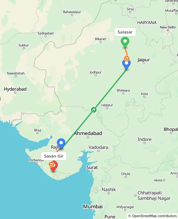 Route map showing distance and travel time from Salasar, India to Sasan Gir, India