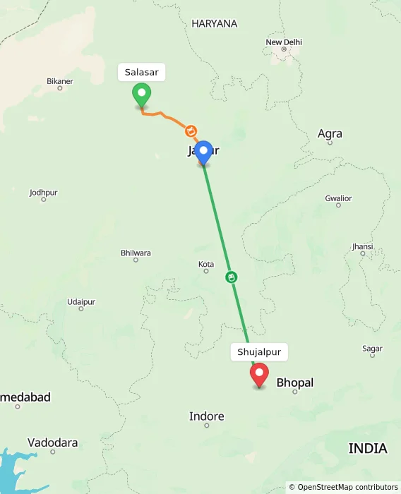 Route map showing distance and travel time from Salasar, India to Shujalpur, India