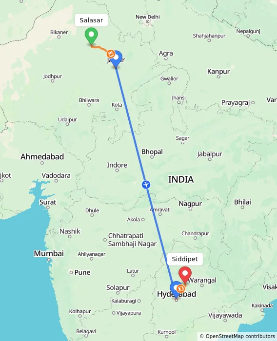 Route map showing distance and travel time from Salasar, India to Siddipet, India