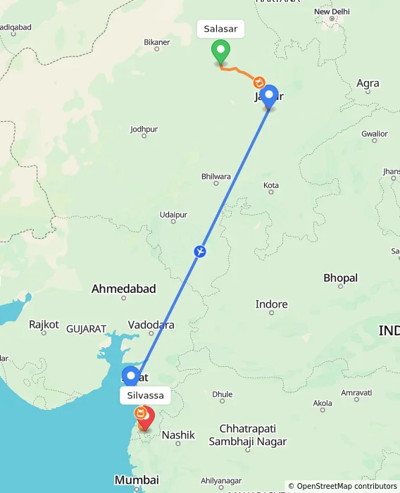 Route map showing distance and travel time from Salasar, India to Silvassa, India
