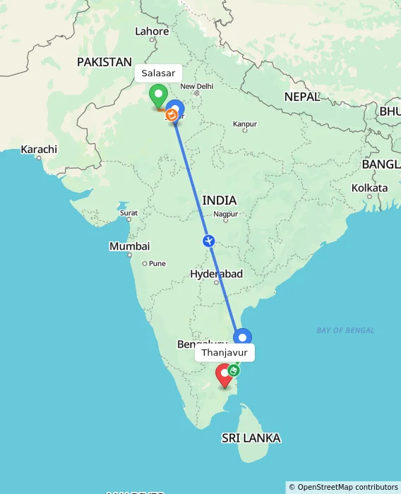 Route map showing distance and travel time from Salasar, India to Thanjavur, India