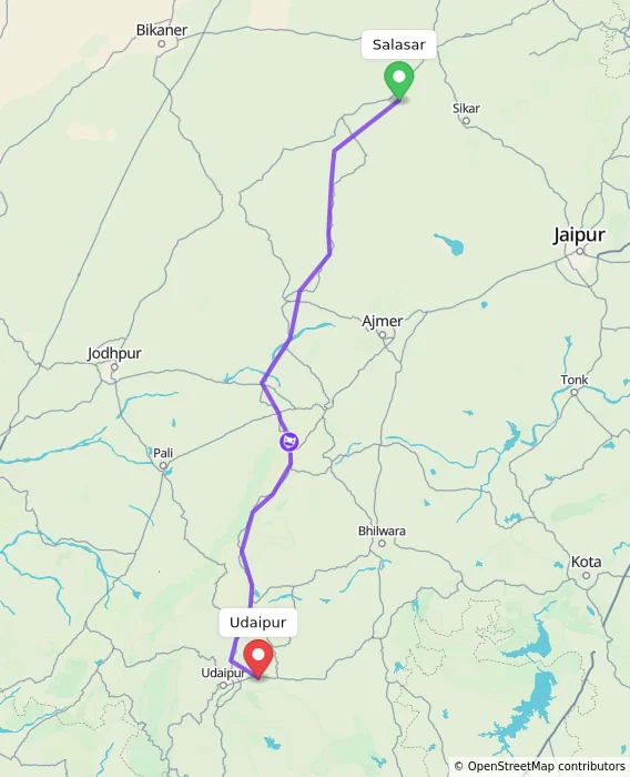 Route map showing distance and travel time from Salasar, India to Udaipur, India
