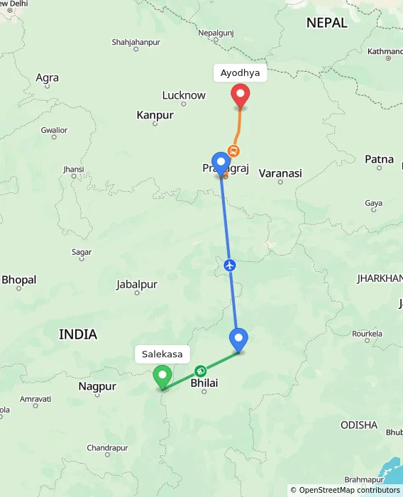 Route map showing distance and travel time from Salekasa, India to Ayodhya, India