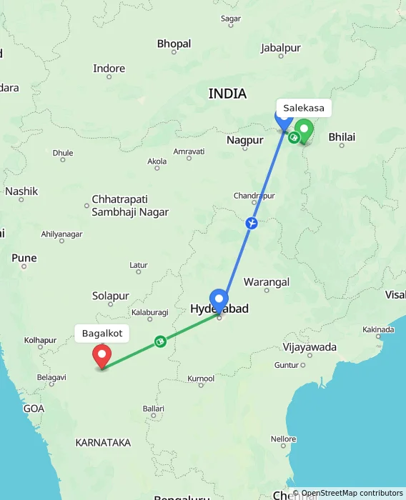 Route map showing distance and travel time from Salekasa, India to Bagalkot, India