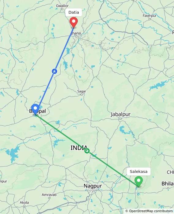 Route map showing distance and travel time from Salekasa, India to Datia, India