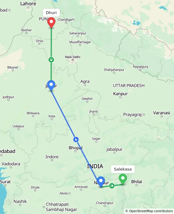 Route map showing distance and travel time from Salekasa, India to Dhuri, India