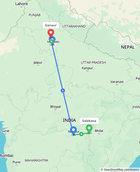 Route map showing distance and travel time from Salekasa, India to Ganaur, India