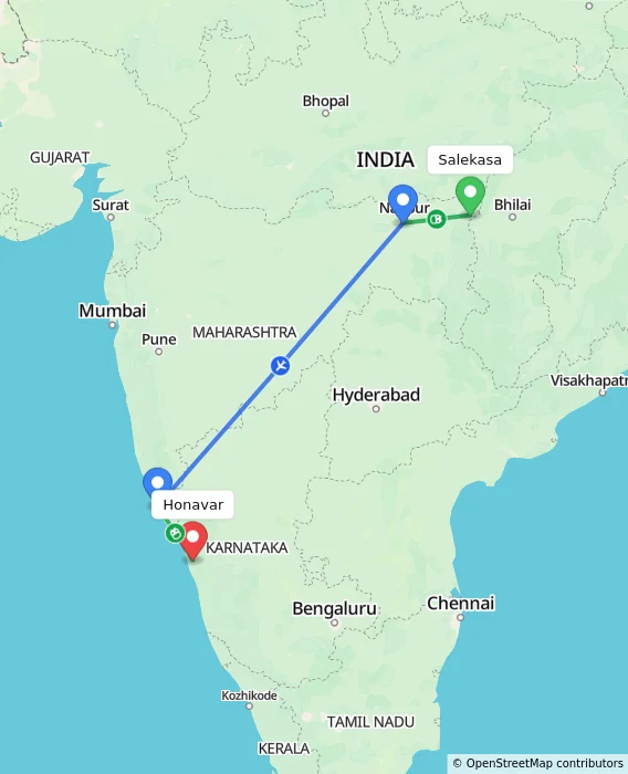Route map showing distance and travel time from Salekasa, India to Honavar, India