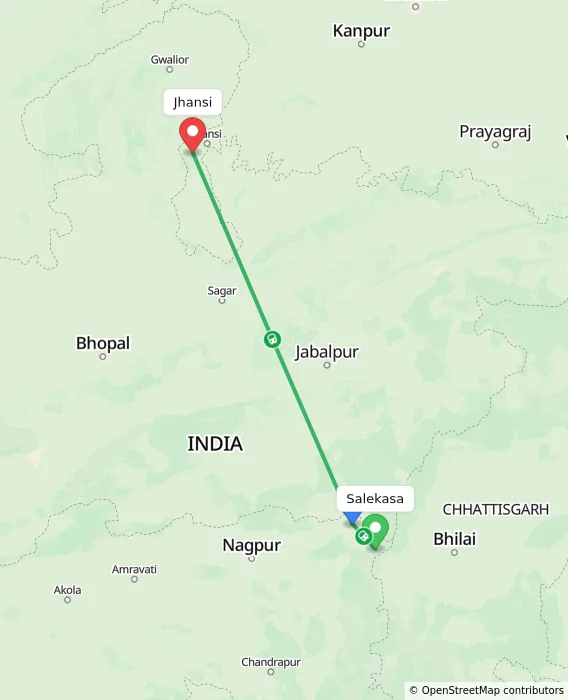 Route map showing distance and travel time from Salekasa, India to Jhansi, India