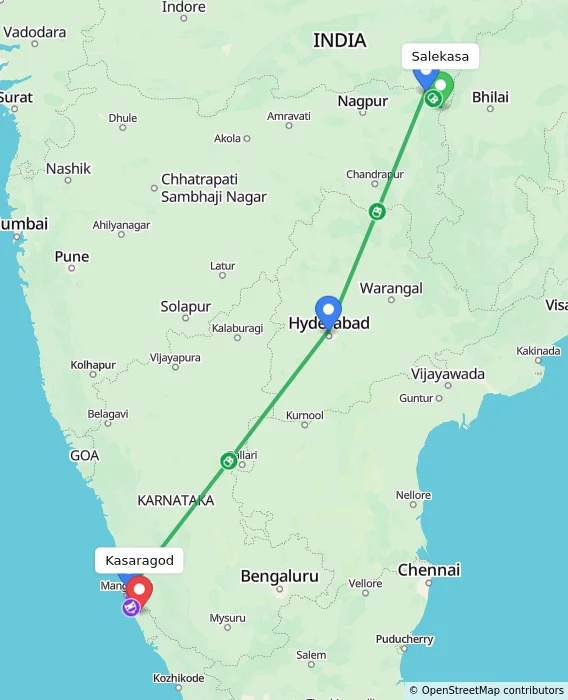 Route map showing distance and travel time from Salekasa, India to Kasaragod, India