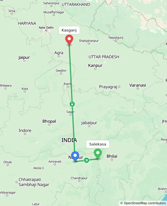 Route map showing distance and travel time from Salekasa, India to Kasganj, India