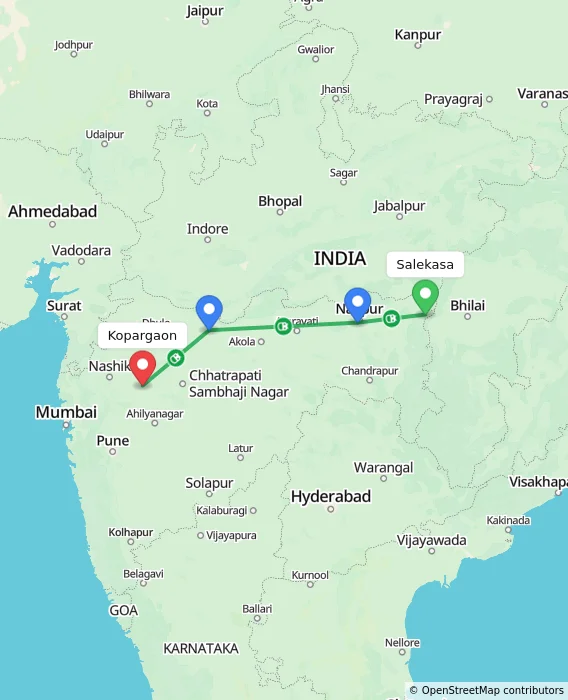 Route map showing distance and travel time from Salekasa, India to Kopargaon, India