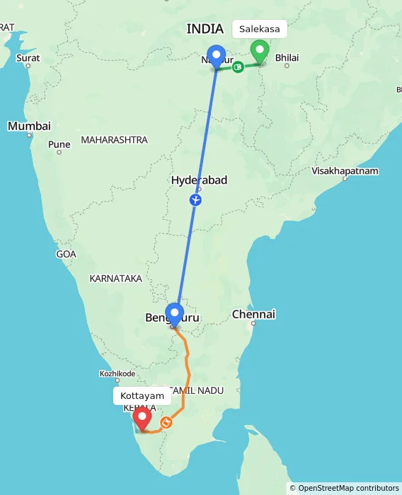 Route map showing distance and travel time from Salekasa, India to Kottayam, India