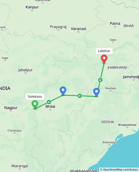 Route map showing distance and travel time from Salekasa, India to Latehar, India