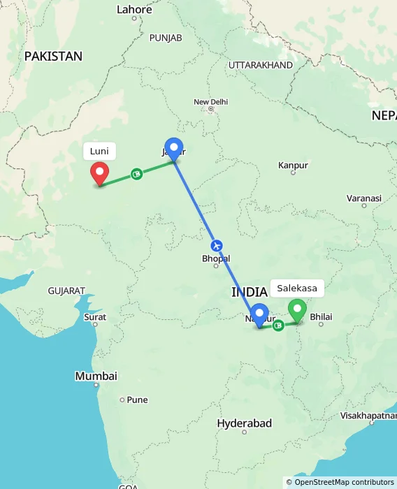 Route map showing distance and travel time from Salekasa, India to Luni, India