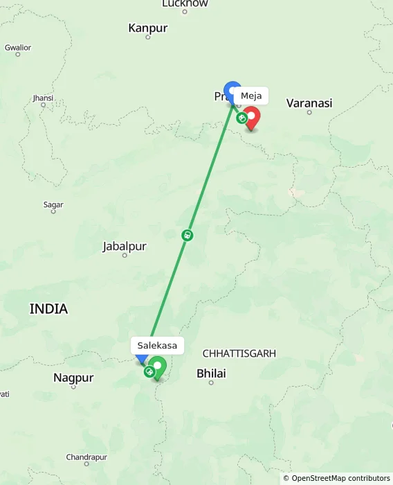 Route map showing distance and travel time from Salekasa, India to Meja, India