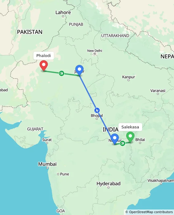 Route map showing distance and travel time from Salekasa, India to Phalodi, India