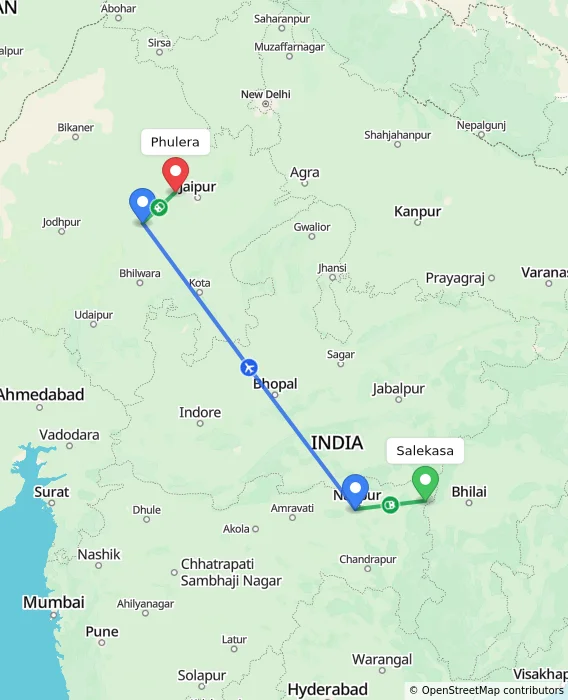 Route map showing distance and travel time from Salekasa, India to Phulera, India