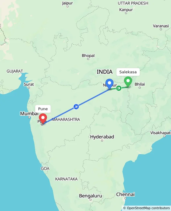 Route map showing distance and travel time from Salekasa, India to Pune, India