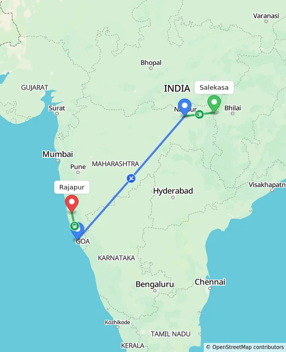 Route map showing distance and travel time from Salekasa, India to Rajapur, India