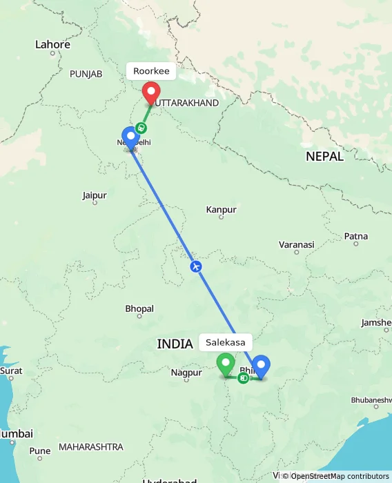 Route map showing distance and travel time from Salekasa, India to Roorkee, India