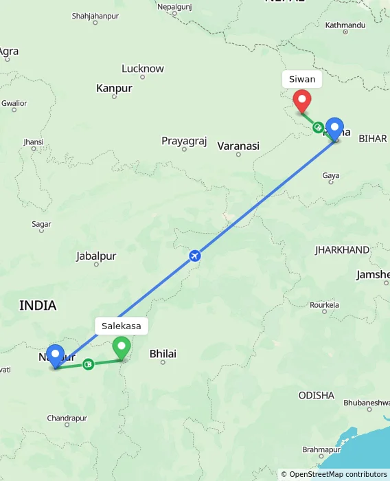 Route map showing distance and travel time from Salekasa, India to Siwan, India