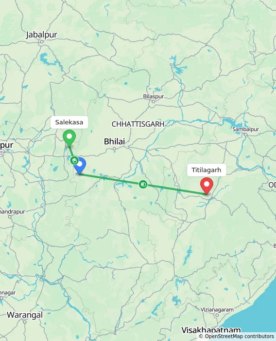 Route map showing distance and travel time from Salekasa, India to Titilagarh, India