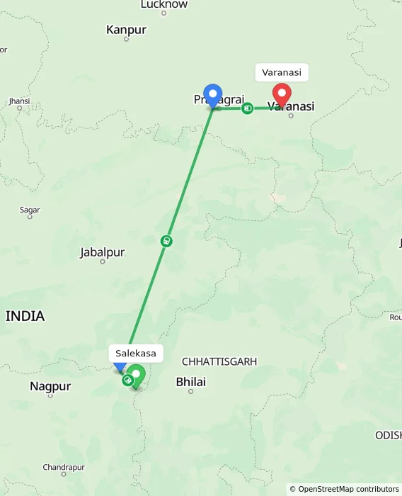 Route map showing distance and travel time from Salekasa, India to Varanasi, India