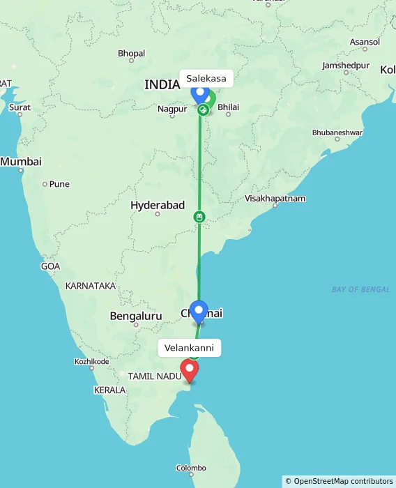 Route map showing distance and travel time from Salekasa, India to Velankanni, India