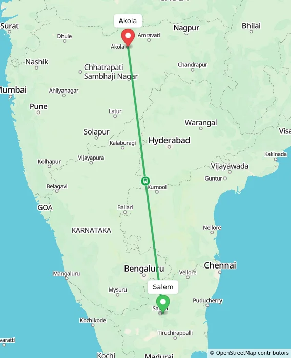 Route map showing distance and travel time from Salem, India to Akola, India