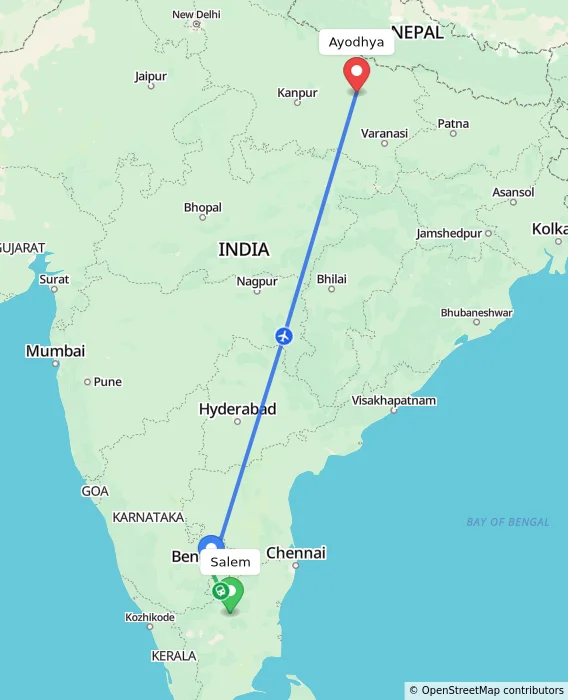 Route map showing distance and travel time from Salem, India to Ayodhya, India