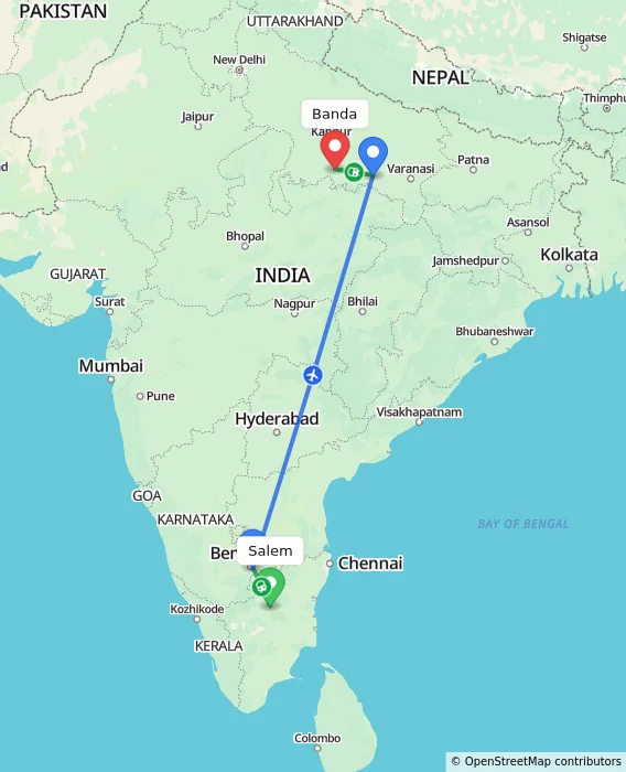 Route map showing distance and travel time from Salem, India to Banda, India
