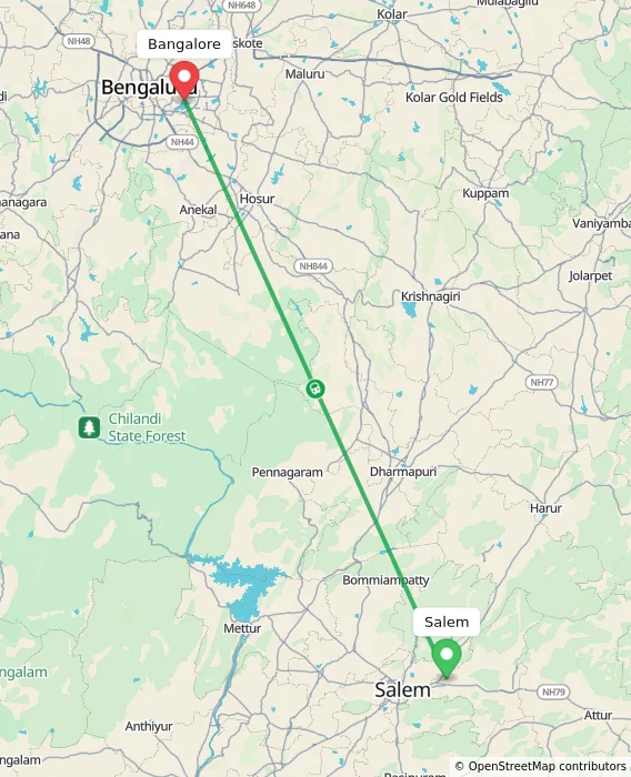 Route map showing distance and travel time from Salem, India to Bangalore, India