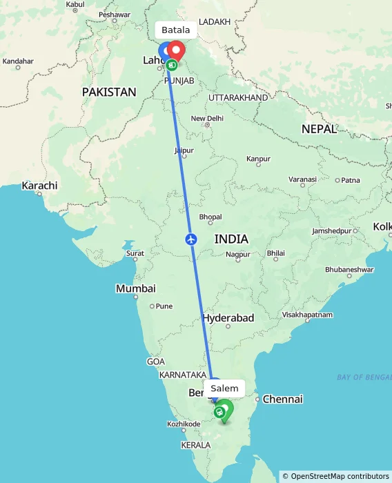 Route map showing distance and travel time from Salem, India to Batala, India